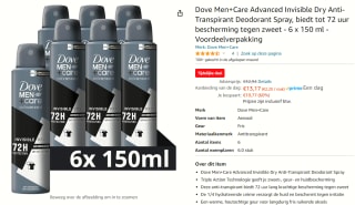 Dove Men+Care Advanced Invisible Dry anti-transpirant deodorant spray - 6 x 150 ml voor €11,85 bij Amazon