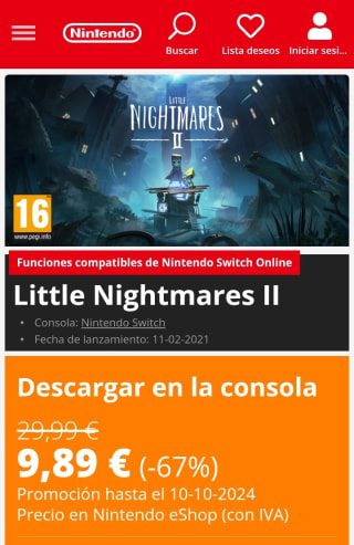 Little Nightmares II Nintendo Switch por 9,89€.