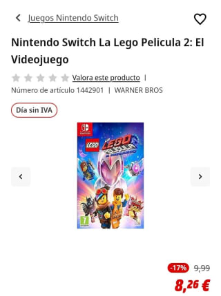 La Lego Película 2: El Videojuego Nintendo Switch por 8,26€.