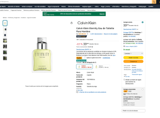 Calvin Klein Eternity Eau de Toilette Hombre 100ml por solo 25,35