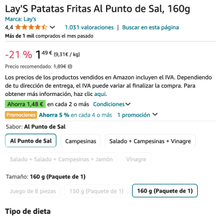 Lay'S Patatas Fritas Al Punto de Sal 160g por 1,49€