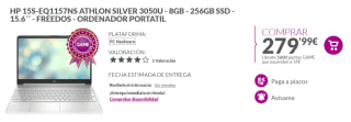 Ordenador Portátil 15.6" HP 15S-EQ1157NS - Athlon 3050U 8GB 256GB SSD por 279.99€