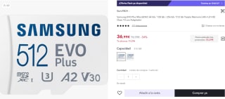 Tarjeta Samsung EVO Plus MicroSDXC 512GB por 33,29€ (cuenta nueva por 24,99€)