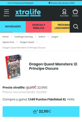 Dragon Quest Monster El Príncipe Oscuro Nintendo Switch por 22,95€.