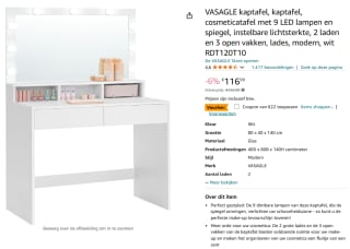 VASAGLE kaptafel met spiegel en 9 lampen (RDT120T10) voor €94,99 bij Amazon