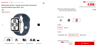 Apple Watch SE (2023), 40mm, GPS + Cellular, Sportbandje M/L voor €239 bij Mediamarkt