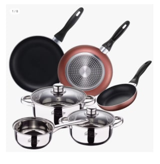 Bateria San Ignacio de 5pcs acero inoxidable: cazo Ø16x7,5 Cacerolas de Ø18x8,5 y Ø20x9,5 cms., inducción + Set 3 sartenes Ø16/20/24 cm, aluminio prensado por 38.24€ (Cuenta Nueva 26.24€)