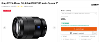 Sony FE Vario-Tessar T* 24-70mm f/4 ZA OSS objectief voor €399 bij Kamera Express