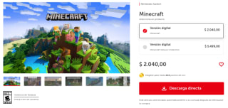 Minecraft por $118 en Nintendo Argnetina