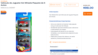 Pack de 5 Hot Wheels a $75 en Chedraui