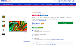 Smart TV da LG de 65 polegadas em 4K - R$ 3.989,05