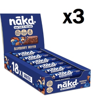 3 Cajas de Nākd. Blueberry Muffin | Barritas Raw de Fruta y Frutos Secos | 100% Ingredientes Naturales | Sin Azúcar Añadido | 18 x 35g | 630g por 24.11€