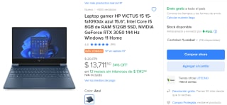 Laptop HP VICTUS 15 15-FA1093DX 15.6" i5 RTX 3050 por $13,712 en Mercado Libre