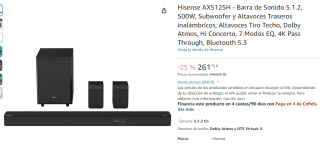 Hisense AX5125H Barra de Sonido 5.1.2, 500W por 261,75€