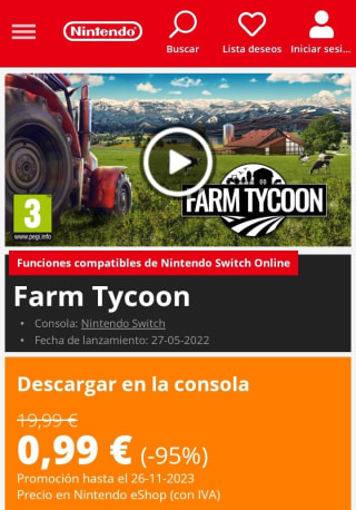 Farm Tycoon Nintendo Switch por 0,99€.