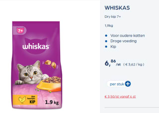 Whiskas Dry Kip 7+ kattenvoer voor €3,50 bij Collect & Go