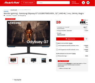 Monitor gaming Samsung Odyssey G7 LS32BG700EUXEN 32a UHD 4K a solo 629,10€