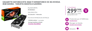 Tarjeta gráfica Gigabyte GeForce RTX 3060 Ti WINDFORCE OC 8G por 299.9€