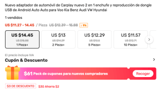 Adaptador de automóvil Carplay 2 en 1 enchufe y reproducción de dongle USB de Android Voo Kia Benz Audi VW Hyundai a solo 16,91€