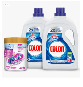 Colon Gel Activo Detergente Lavadora 90 lavados + Vanish Oxi Action Advance Quitamanchas 400g Polvo White Ropa Blanca por 9.25€