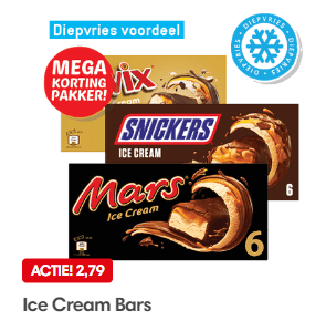 Ice cream bars Snickers, Twix en Mars voor € 2,79 bij de Dekamarkt