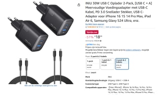 INIU 30W USB C Oplader 2-Pack, [USB C + A] Meervoudige Voedingsadapter met USB-C Kabel, voor €18,29 bij Amazon