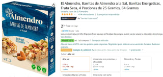4 Unidades de El Almendro, Barritas de Almendra a la Sal, Barritas Energeticas, Fruta Seca, 4 Porciones de 25 Gramos por 7.7€