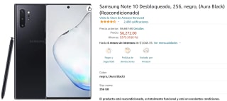 Samsung Note 10 256 GB Reacondicionado a $6,272 en Amazon