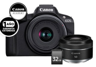 Canon EOS R50 RF-S 18-45mm F4.5-6.3 IS STM + Lente RF 50 F1.8 STM Tarjeta y más por $15,499