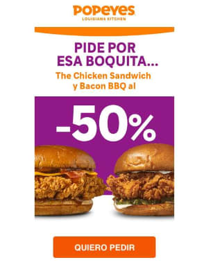 50% descuento Hamburguesa The Chicken Sándwich y Bacon BBQ