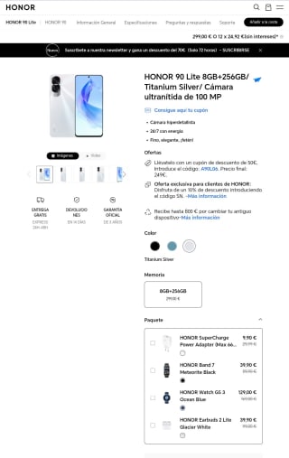 HONOR 90 Lite 8GB+256GB Titanium Silver/ Cámara ultranítida de 100 MP por 249€