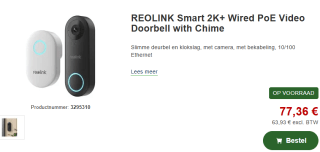Reolink Smart 2K+ bedrade PoE videodeurbel met gong voor €77,36 bij Proshop