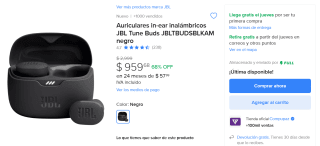 Auriculares JBL Tune Buds por $960 | Descuento Mercado Libre