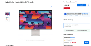Apple Studio Display, 27" Retina 5K, Vidrio estándar, Soporte inclinación ajustable, 12 Mpx por 1.299€
