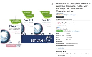 Neutral Waspoeder - Parfumvrij Kleur - voor de gevoelige huid - 4 x 18 wasbeurten -voor €16,78 bij Amazon