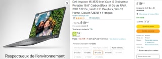 PC Portable Dell Inspiron 15 3520 Intel Core i5 à 519€