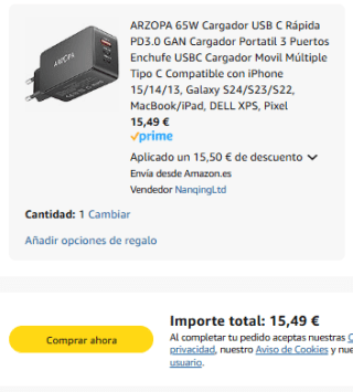ARZOPA 65W Cargador USB C Rápida PD3.0 GAN 3 Puertos por 15,50€