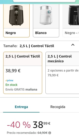 Cecotec Freidora Sin Aceite 2,5 L de Aire Caliente Cecofry Essential Rapid MoonTouch. 1200 W por 38,99€.