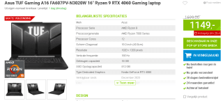 ASUS TUF Gaming A16 gaming laptop met RTX4060 voor €1149 bij Megekko