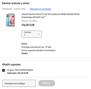 Xiaomi Redmi Note 12 4G 8GB 256GB 120Hz Snapdragon 685 6.67" por 149,60€