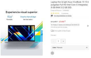 Asus VivoBook 15 (X1504) 15.6 i5 1235U 8GB 512 SSD por $7,999 en Liverpool