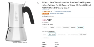 Bialetti - Venus Induction, Roestvrijstalen Espressomaker 10 Kops voor €20 bij Amazon