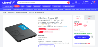 Disque SSD interne 2.5" Crucial BX500 - 500 Go (CT500BX500SSD1) à 29,99€