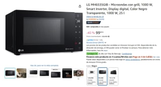 Microondas con grill LG MH6535GIB, 1000W, 5 niveles, Display LED, 25 l por 99€