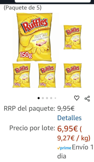 Pack de 5×150gr Ruffles Yorkeso Patatas Fritas por 6,95€.