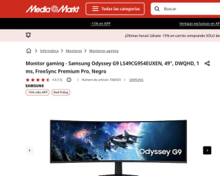 Monitor gaming Samsung Odyssey G9 LS49CG954EUXEN 49" DWQHD 1 ms FreeSync Premium Pro a solo 679,15€