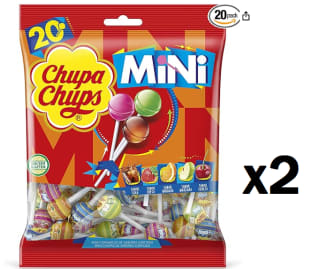 2 Paquetes de Mini Chupa Chups Caramelo con Palo de Sabores Variados - Bolsa de 20 unidades de 6 gr/ud por 2.3€