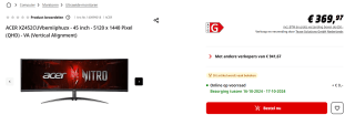 Acer Nitro XZ2 XZ452CUV 45" Ultrawide Quad HD 165Hz Curved VA monitor voor €369,97 bij de mediamarkt