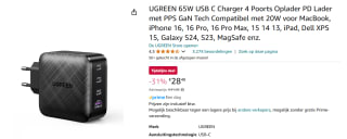 UGREEN GaN 65W Quad USB C Charger voor €28,48 bij Amazon