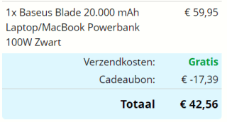 Baseus Blade 20.000 mAh Powerbank voor €42,56 dmv code bij GSMPunt